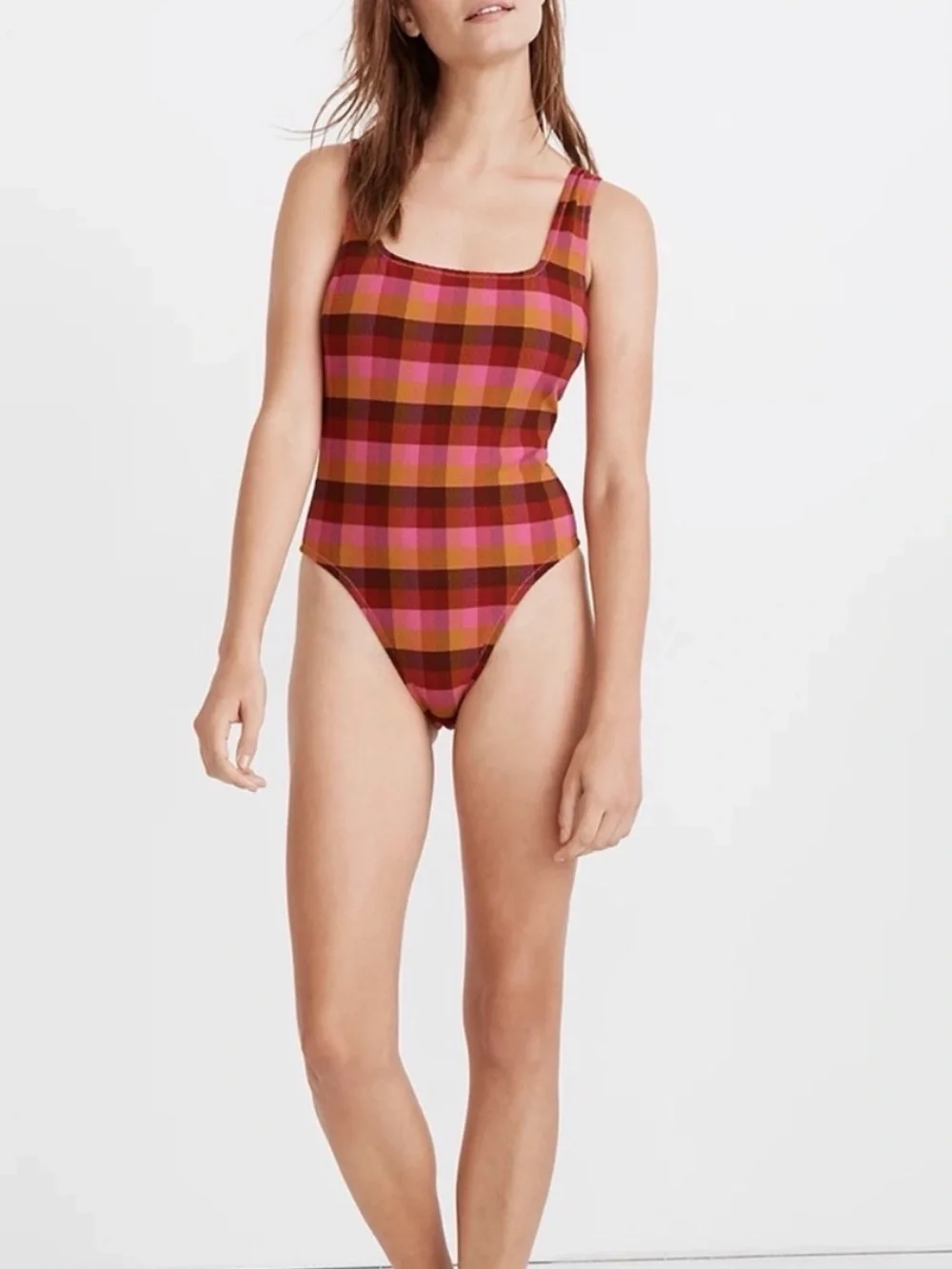 Madewell Plaid One-Piece Swimsuit in Pink and Brown